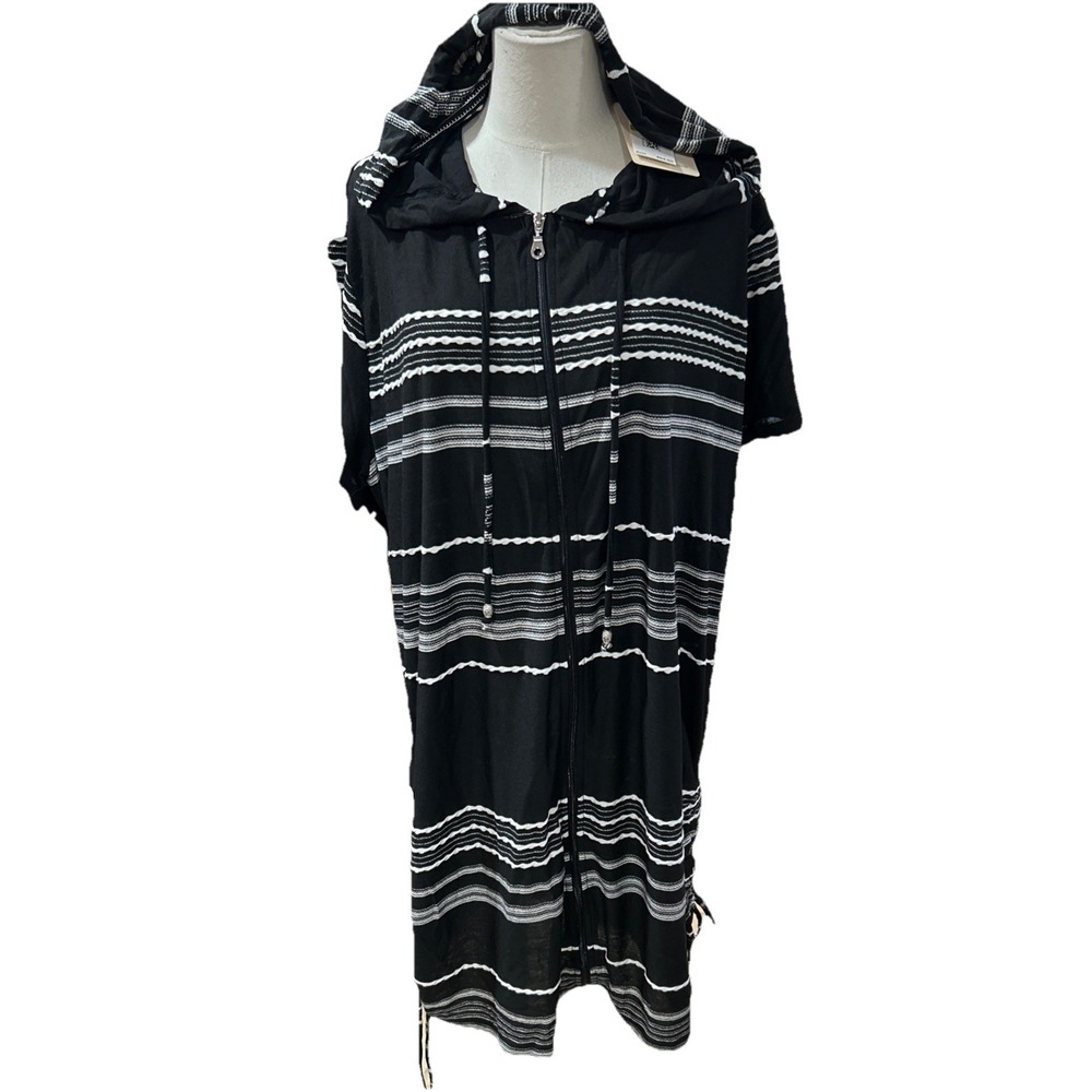Dotti Dahilia Womens Swim Cover Up With Hood Full Zip 3X Black White Msrp 64.99